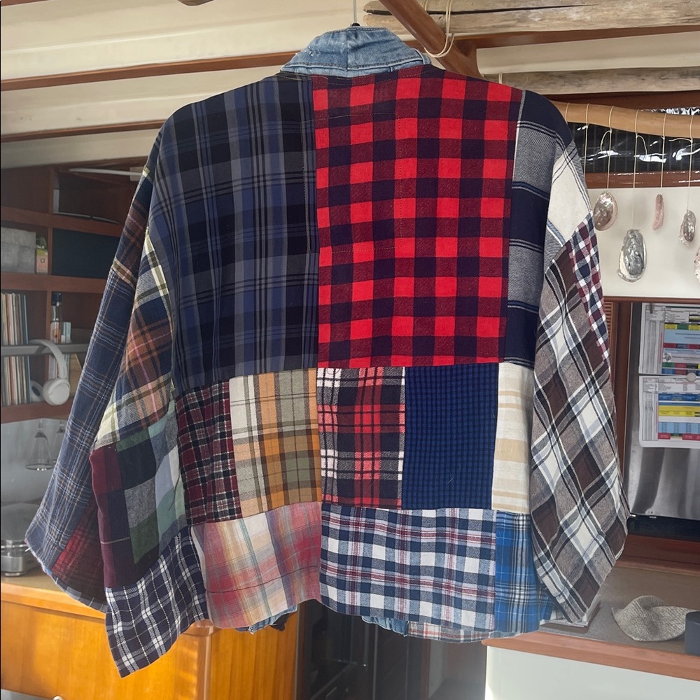 Cute patchwork top! Hand sewn from recycled denim & flannel - Picture 8 of 9